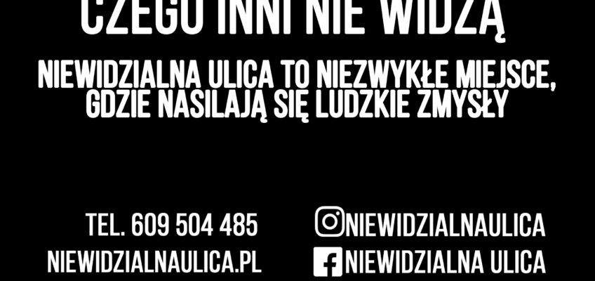 Ulotka niewidzialnej ulicy w Poznaniu. Na czarnym tle biały napis z zaproszeniem